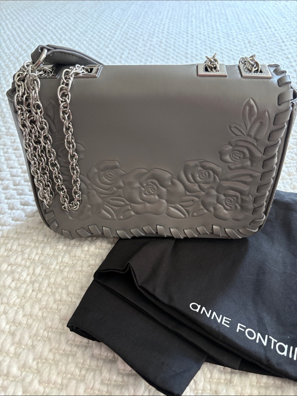 Anne Fontaine Gray Floral-Embossed Leather Shoulder Bag with Chain Strap